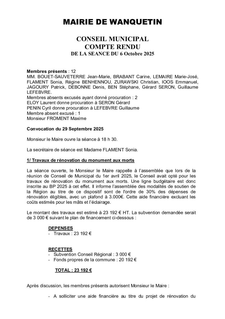 Compte rendu / PV du 06 octobre 2025