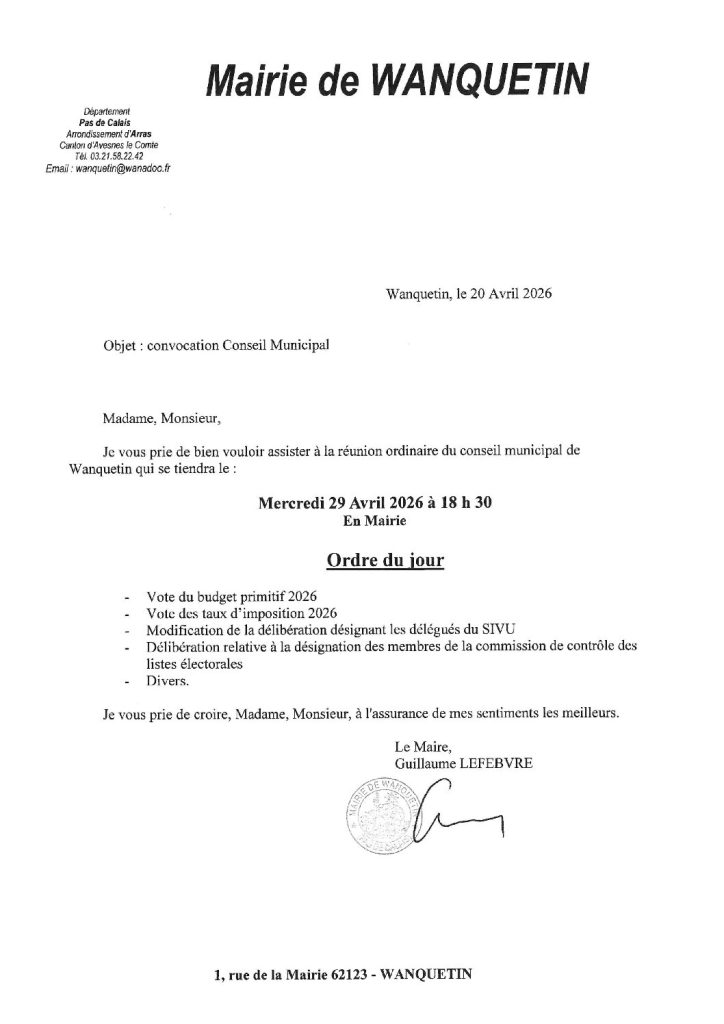 ordre du jour du 29 avril 2026